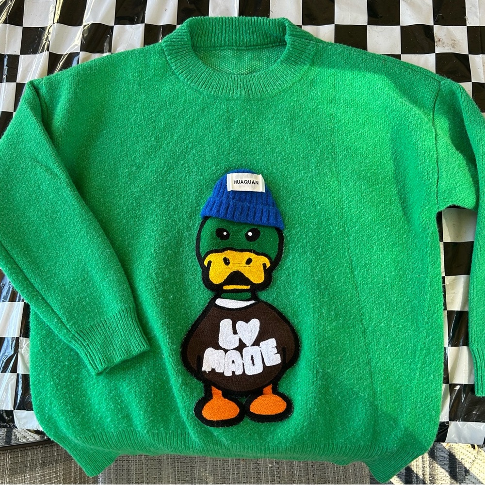 Aqua Green Crewneck Sweater with Duck Graphic